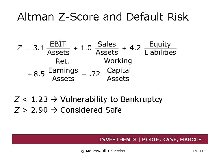 Altman Z-Score and Default Risk Z < 1. 23 Vulnerability to Bankruptcy Z >