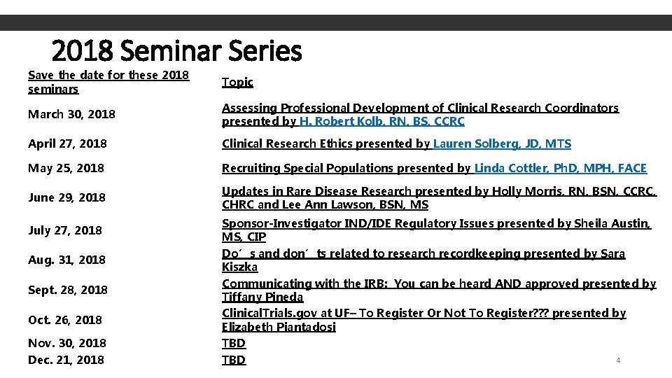 2018 Seminar Series Save the date for these 2018 seminars Topic March 30, 2018