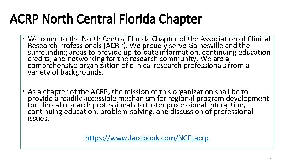 ACRP North Central Florida Chapter • Welcome to the North Central Florida Chapter of