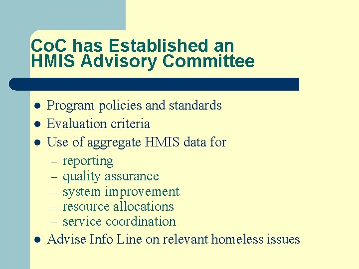 Co. C has Established an HMIS Advisory Committee l l Program policies and standards