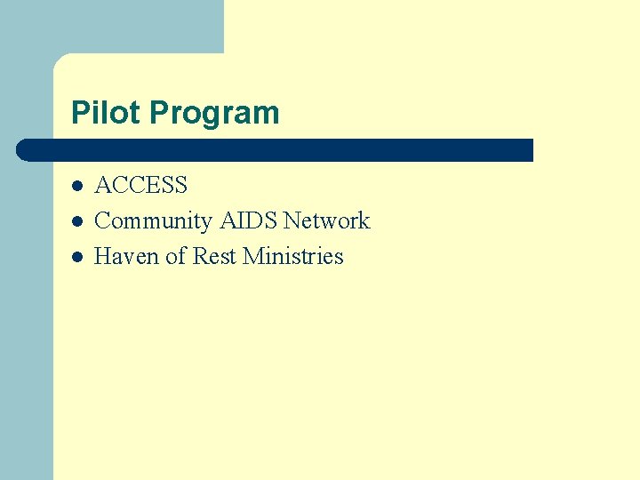 Pilot Program l l l ACCESS Community AIDS Network Haven of Rest Ministries 