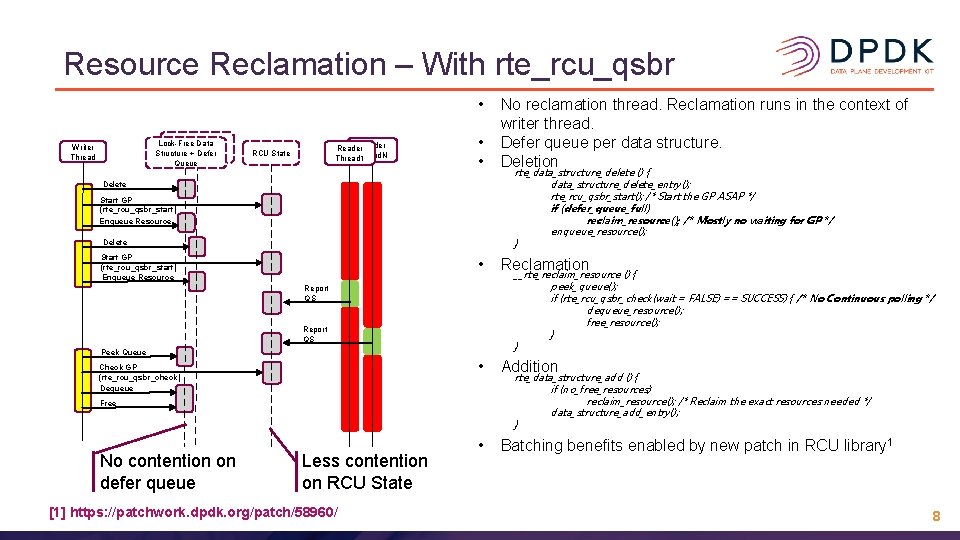 Resource Reclamation – With rte_rcu_qsbr • Lock-Free Data structure Structure + Defer Queue Writer