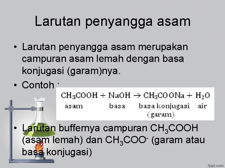 Larutan penyangga asam • Larutan penyangga asam merupakan campuran asam lemah dengan basa konjugasi