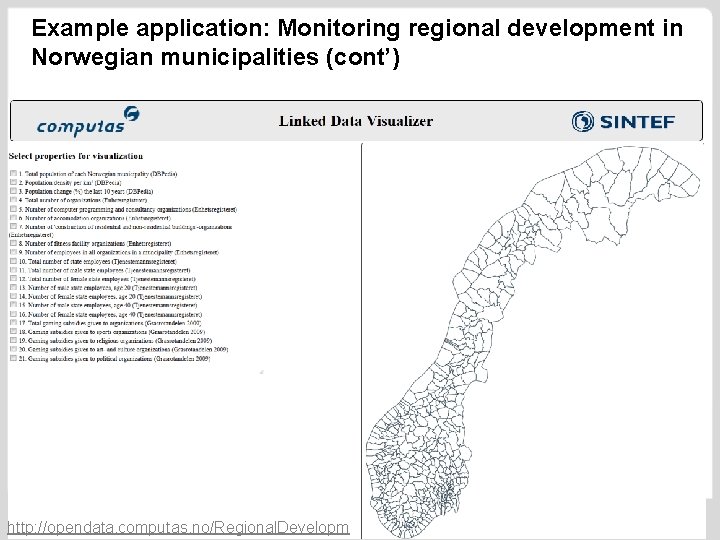 Example application: Monitoring regional development in Norwegian municipalities (cont’) http: //opendata. computas. no/Regional. Developm