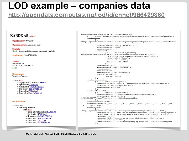 LOD example – companies data http: //opendata. computas. no/lod/id/enhet/986429360 Marko Grobelnik, Andreas Harth, Dumitru