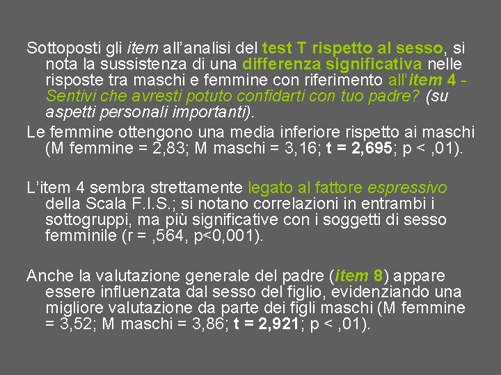 Sottoposti gli item all’analisi del test T rispetto al sesso, si nota la sussistenza