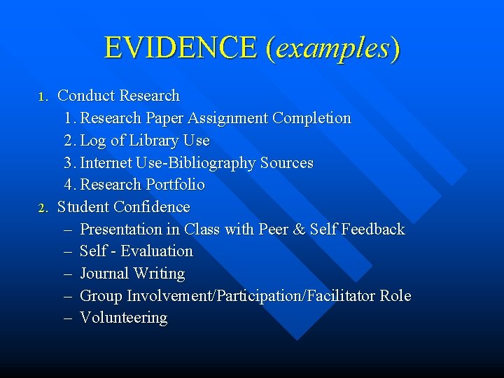 EVIDENCE (examples) 1. 2. Conduct Research 1. Research Paper Assignment Completion 2. Log of