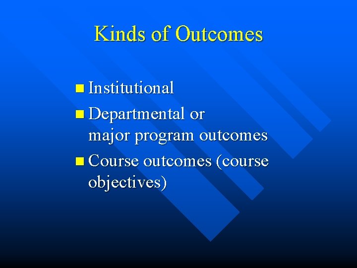 Kinds of Outcomes n Institutional n Departmental or major program outcomes n Course outcomes