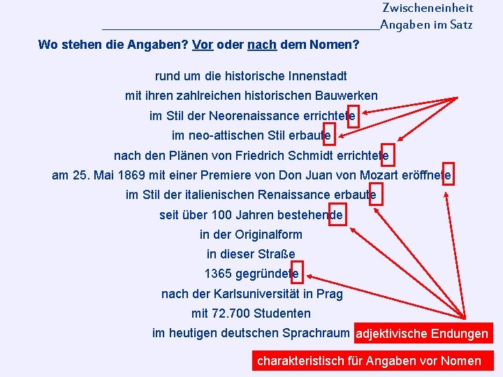 Zwischeneinheit __________________________Angaben im Satz Wo stehen die Angaben? Vor oder nach dem Nomen? rund