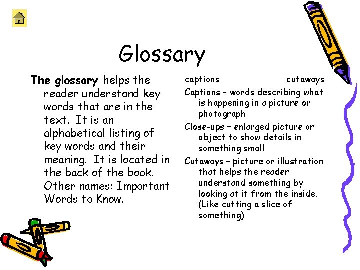 Glossary The glossary helps the reader understand key words that are in the text.