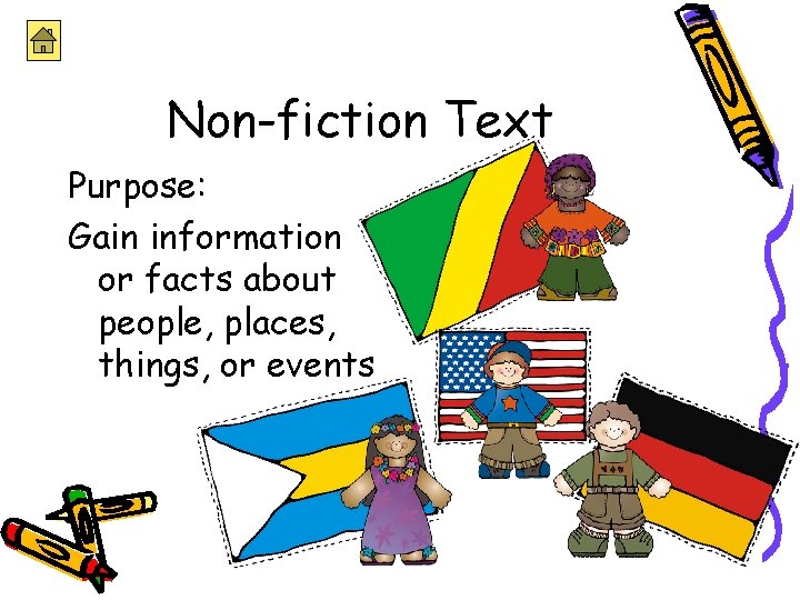 Non-fiction Text Purpose: Gain information or facts about people, places, things, or events 