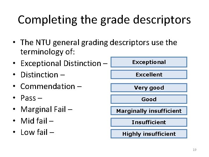 Completing the grade descriptors • The NTU general grading descriptors use the terminology of: