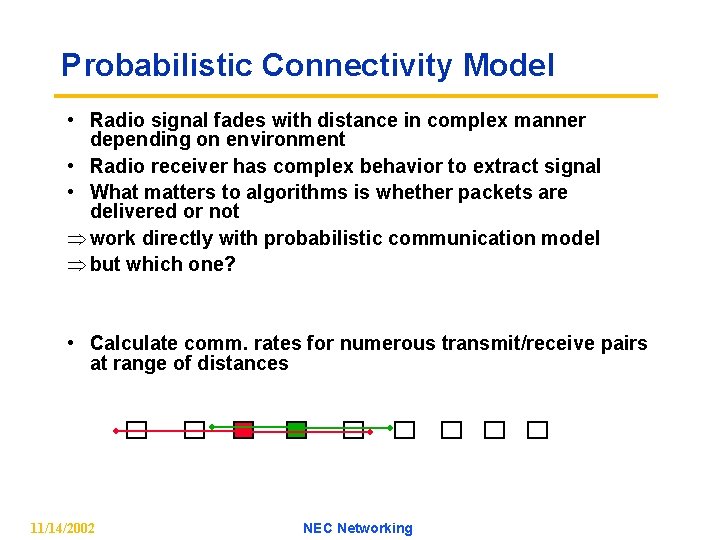 Probabilistic Connectivity Model • Radio signal fades with distance in complex manner depending on