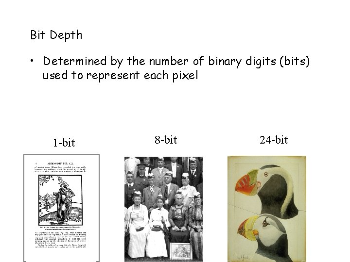 Bit Depth • Determined by the number of binary digits (bits) used to represent