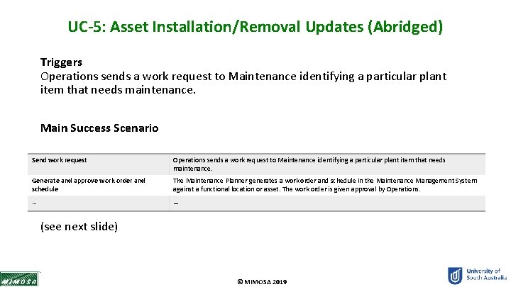 UC-5: Asset Installation/Removal Updates (Abridged) Triggers Operations sends a work request to Maintenance identifying