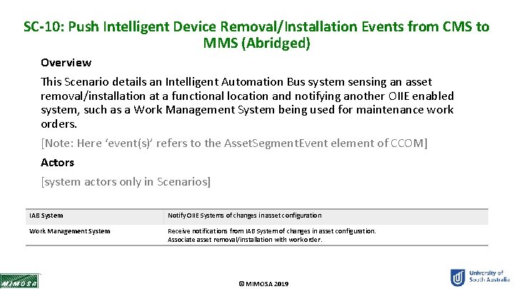 SC-10: Push Intelligent Device Removal/Installation Events from CMS to MMS (Abridged) Overview This Scenario