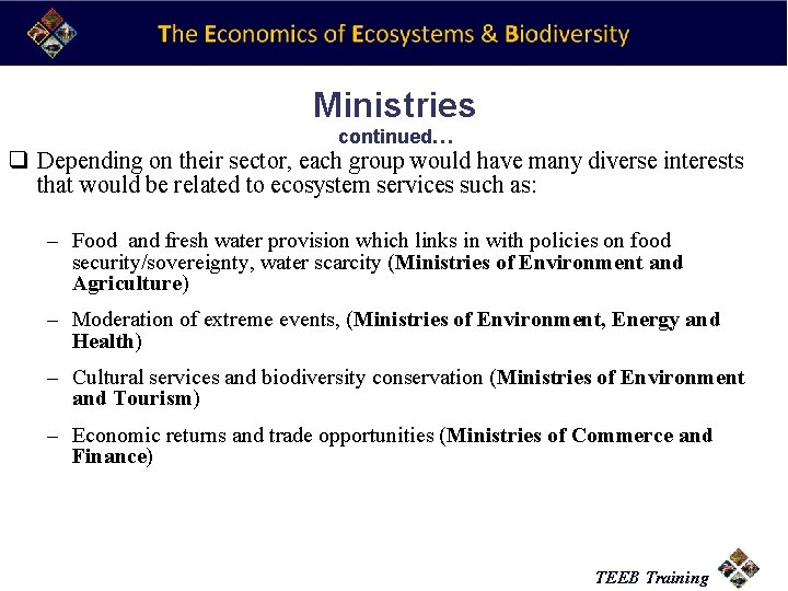 Ministries continued… q Depending on their sector, each group would have many diverse interests
