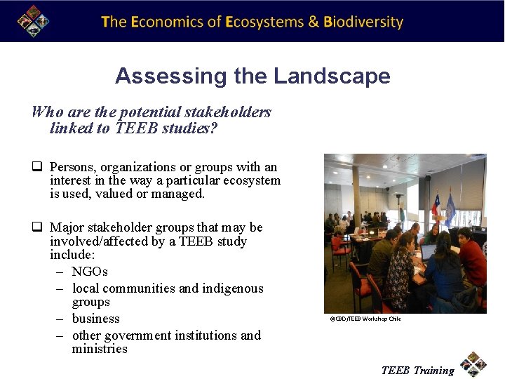 Assessing the Landscape Who are the potential stakeholders linked to TEEB studies? q Persons,