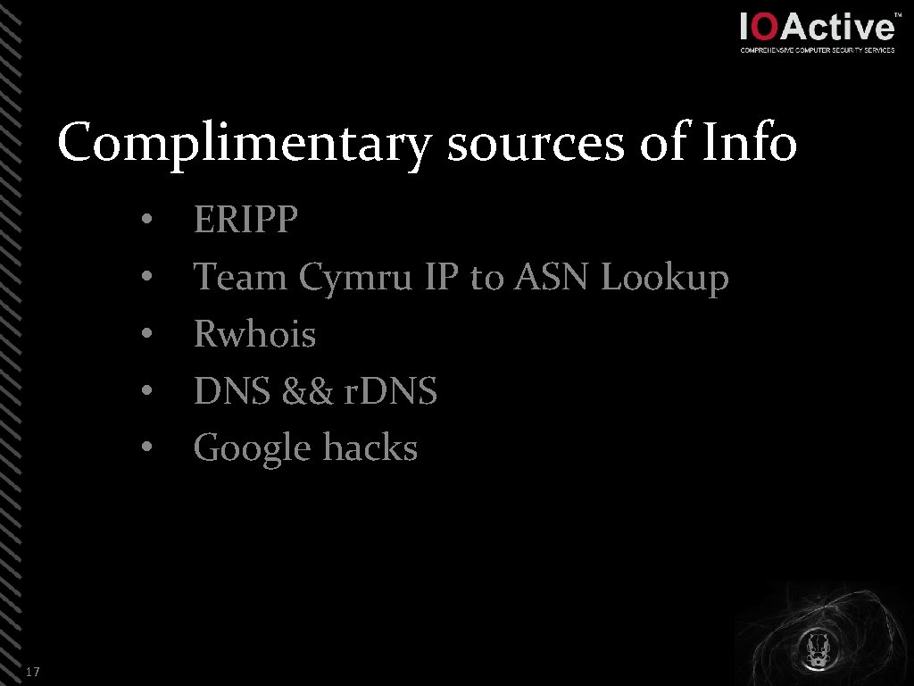 Complimentary sources of Info • • • 17 ERIPP Team Cymru IP to ASN