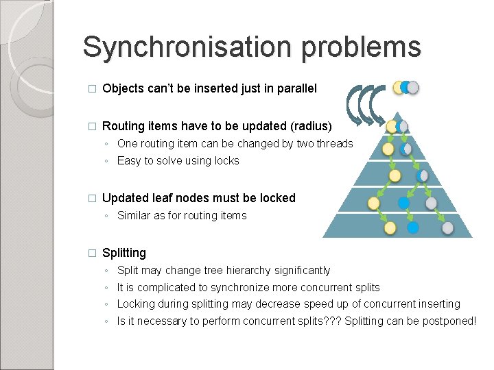 Synchronisation problems � Objects can’t be inserted just in parallel � Routing items have