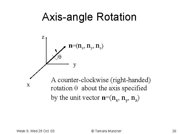 Axis-angle Rotation z n=(nx, ny, nz) y x A counter-clockwise (right-handed) rotation about the