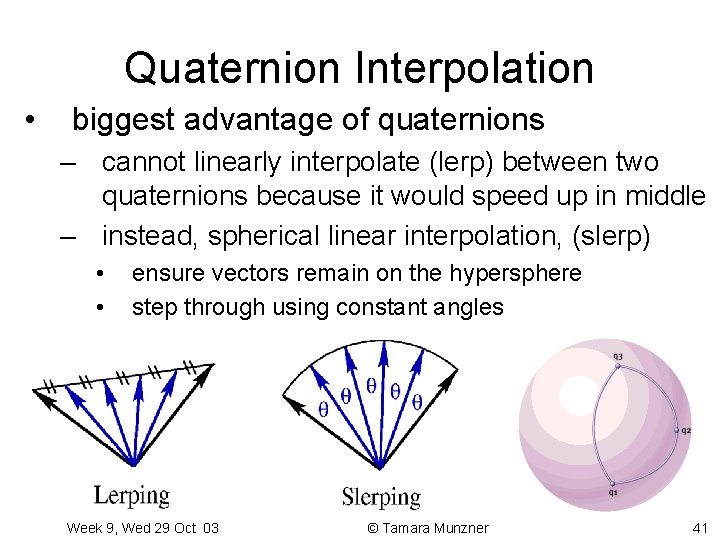 Quaternion Interpolation • biggest advantage of quaternions – cannot linearly interpolate (lerp) between two