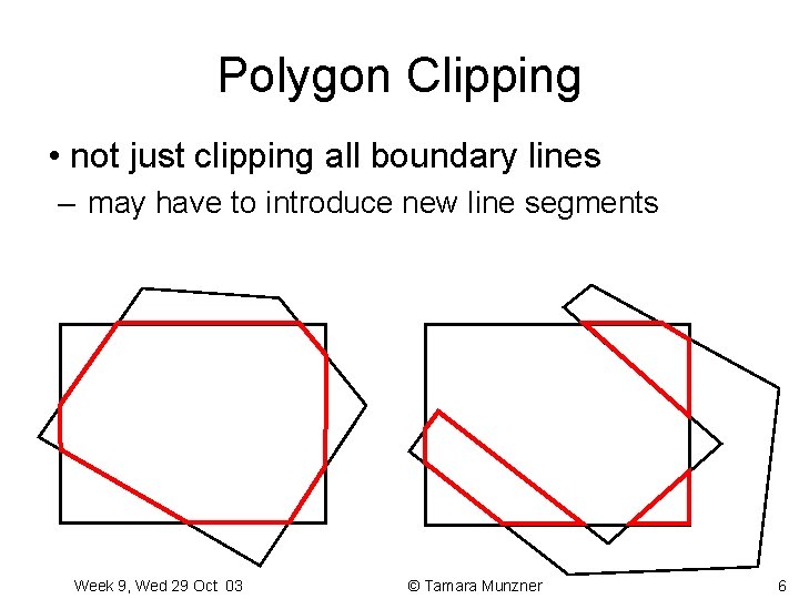 Polygon Clipping • not just clipping all boundary lines – may have to introduce