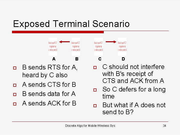 Exposed Terminal Scenario A o o B B sends RTS for A, heard by