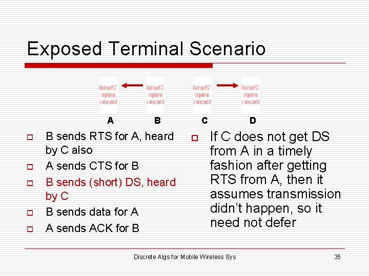 Exposed Terminal Scenario A o o o B B sends RTS for A, heard