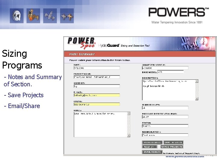 Sizing Programs - Notes and Summary of Section. - Save Projects - Email/Share 