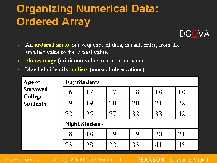 Organizing Numerical Data: Ordered Array DCOVA § § § An ordered array is a