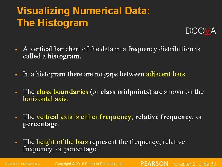 Visualizing Numerical Data: The Histogram § § § DCOVA A vertical bar chart of