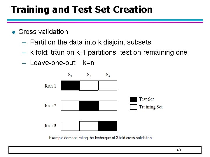 Training and Test Set Creation l Cross validation – Partition the data into k