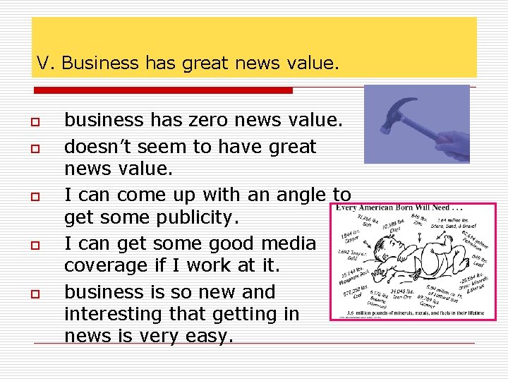 V. Business has great news value. o o o business has zero news value.