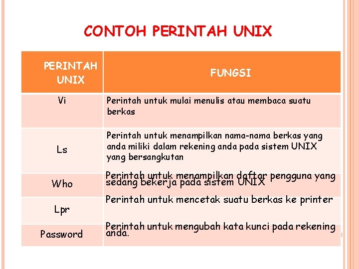 CONTOH PERINTAH UNIX Vi Ls Who Lpr Password FUNGSI Perintah untuk mulai menulis atau