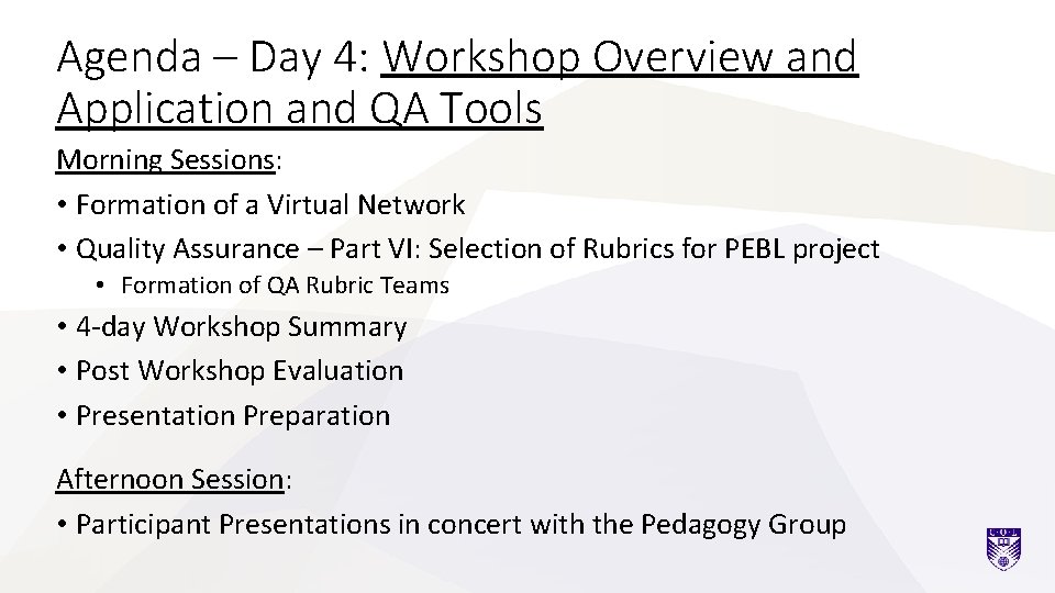Agenda – Day 4: Workshop Overview and Application and QA Tools Morning Sessions: •