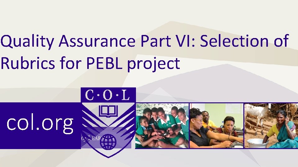 Quality Assurance Part VI: Selection of Rubrics for PEBL project col. org 