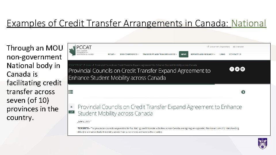 Examples of Credit Transfer Arrangements in Canada: National Through an MOU non-government National body