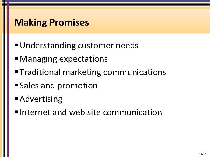 Making Promises § Understanding customer needs § Managing expectations § Traditional marketing communications §