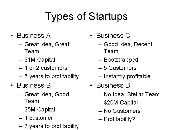 Types of Startups • Business A – Great Idea, Great Team – $1 M