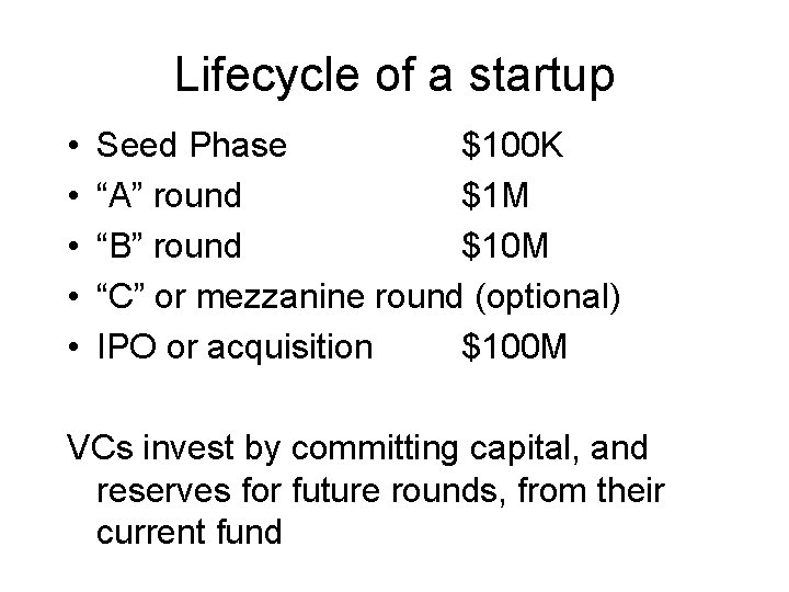 Lifecycle of a startup • • • Seed Phase $100 K “A” round $1