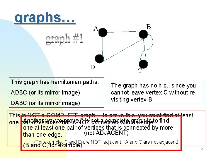 graphs… D This graph has hamiltonian paths: ADBC (or its mirror image) DABC (or