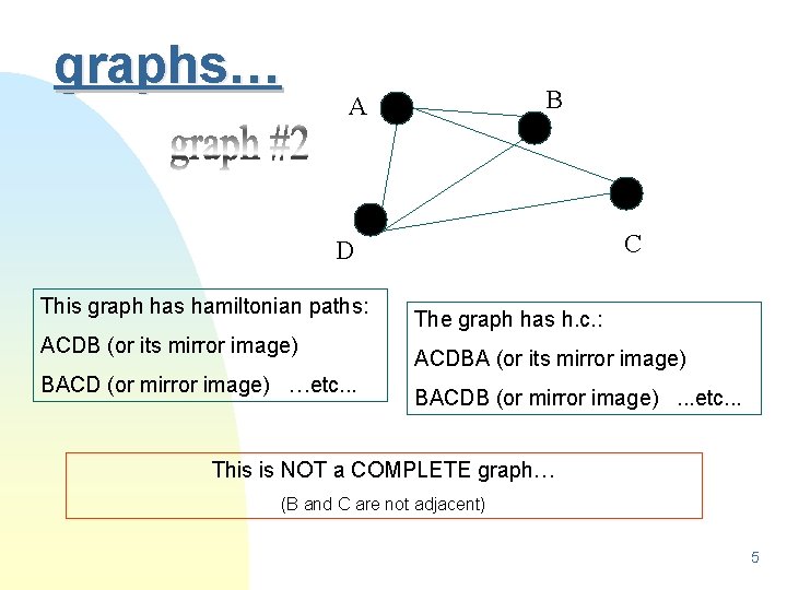 graphs… B A C D This graph has hamiltonian paths: ACDB (or its mirror