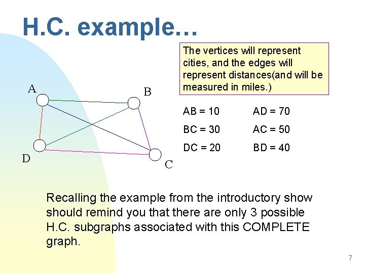 H. C. example… A D The vertices will represent cities, and the edges will
