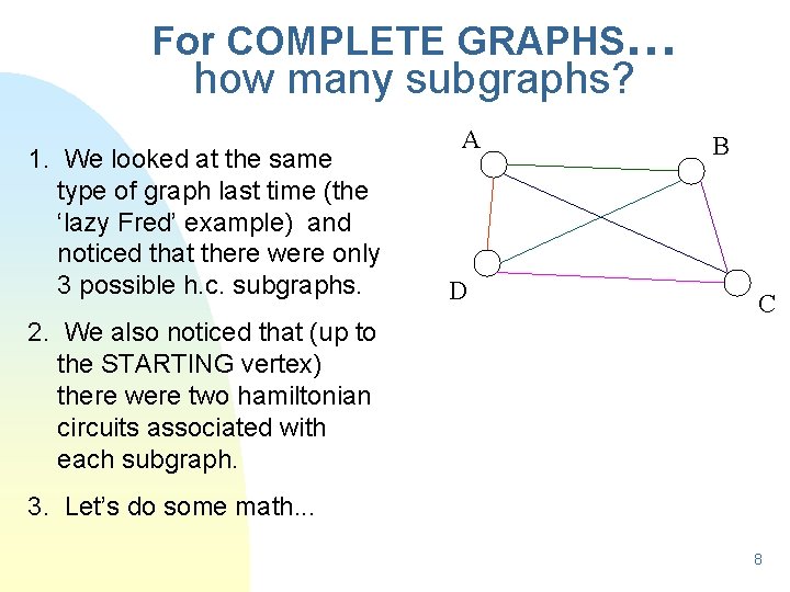 For COMPLETE GRAPHS… how many subgraphs? 1. We looked at the same type of