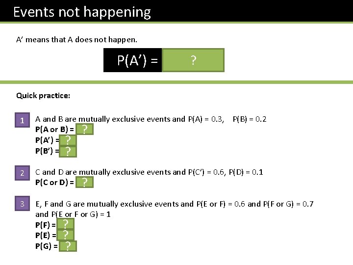 Events not happening A’ means that A does not happen. ? P(A’) = 1