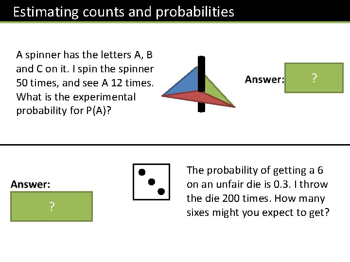 Estimating counts and probabilities A spinner has the letters A, B and C on