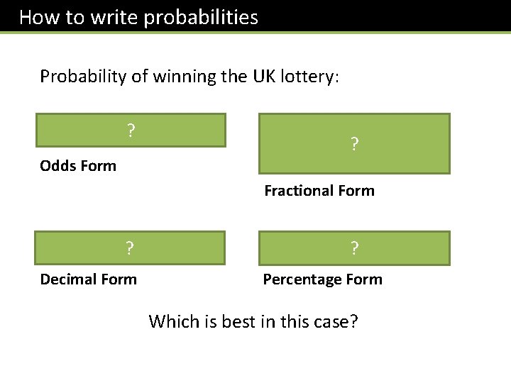 How to write probabilities Probability of winning the UK lottery: ? 1 in 14,
