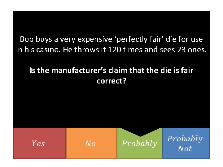 Bob buys a very expensive ‘perfectly fair’ die for use in his casino. He