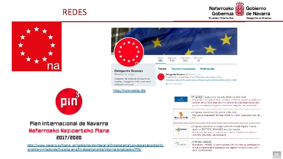 REDES http: //na. bruselas. site http: //www. navarra. es/home_es/Gobierno+de+Navarra/Organigrama/Los+departamentos/Ec onomia+y+Hacienda/Organigrama/El+departamento/Internacionalizacion/PIN/ 18 